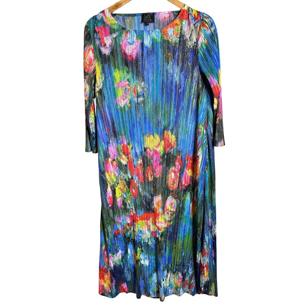 Vtg UBU Garden Floral Midi Dress Blue Abstract Pleats Plisse Please Small
